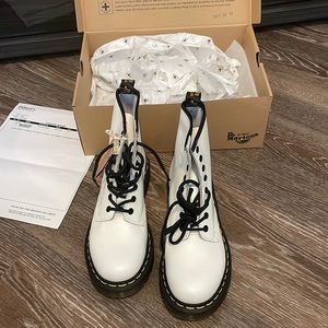 Dr. Martens 1460 Smooth White Patent Leather Boots with bouncing soles